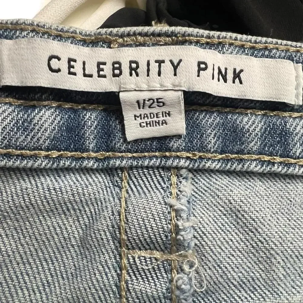 Celebrity Pink Wide Leg Jeans Juniors 1/25 Blue Medium Wash Side Stripe Stretch - Picture 2 of 7